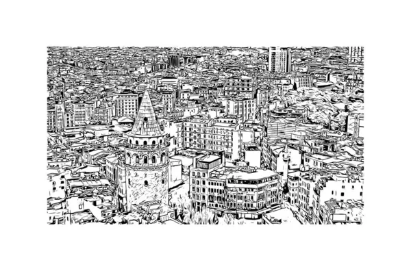İstanbul 'un tarihi yapısına sahip Print Building view Türkiye' nin büyük bir kentidir. Vektörde elle çizilmiş çizim çizimi.
