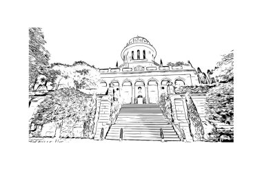 Hayfa 'nın simgesi olan Print Building View, İsrail' in başkentidir. Vektörde elle çizilmiş çizim çizimi.