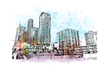 Print Building view with landmark of Gold Coast is the city in Australia. Vektörde elle çizilmiş resim ile suluboya sıçraması.