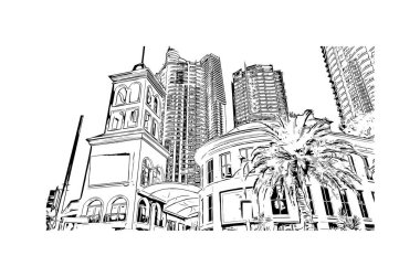 Print Building view with landmark of Gold Coast is the city in Australia. Vektörde elle çizilmiş çizim çizimi.