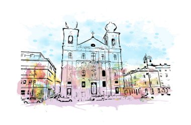 Print Building view with landmark of Gorizia is the town in Italy. Vektörde elle çizilmiş resim ile suluboya sıçraması.