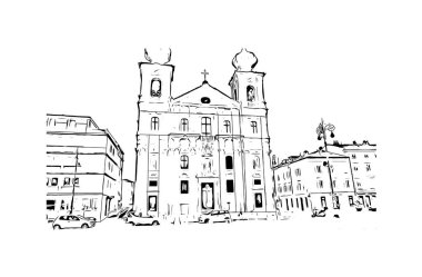 Print Building view with landmark of Gorizia is the town in Italy. Vektörde elle çizilmiş çizim çizimi.