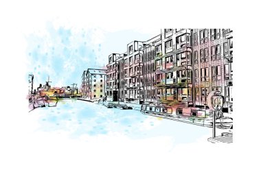 Gloucester 'ın simgesi olan basım görüntüsü İngiltere' de bir şehirdir. Vektörde elle çizilmiş resim ile suluboya sıçraması.