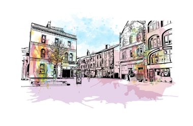 Gloucester 'ın simgesi olan Print Building Manzarası İngiltere' de bir şehirdir. Vektörde elle çizilmiş resim ile suluboya sıçraması.