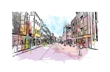 Gloucester 'ın simgesi olan Print Building Manzarası İngiltere' de bir şehirdir. Vektörde elle çizilmiş resim ile suluboya sıçraması.