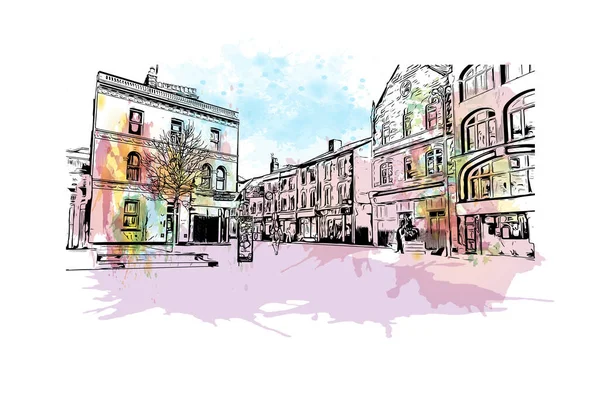 印刷グロスターのランドマークとビルの景色はイギリスの街です 手描きのスケッチイラストと水彩スプラッシュベクトル — ストックベクタ