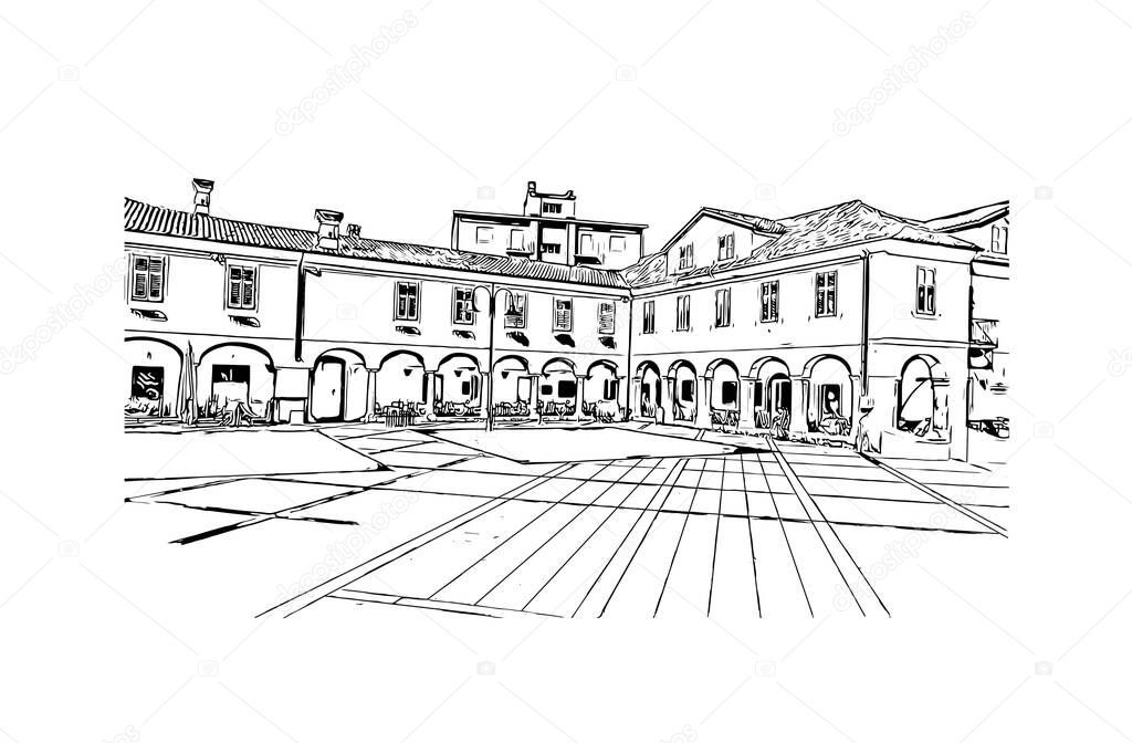 Print Building view with landmark of Gorizia is the town in Italy. Hand drawn sketch illustration in vector.