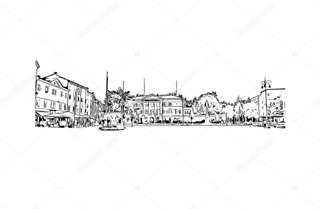 Print Building view with landmark of Gorizia is the town in Italy. Hand drawn sketch illustration in vector.