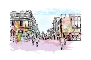 Gloucester 'ın simgesi olan Print Building Manzarası İngiltere' de bir şehirdir. Vektörde elle çizilmiş resim ile suluboya sıçraması.