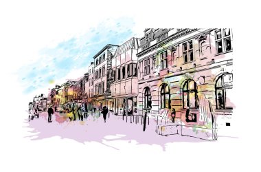 Gloucester 'ın simgesi olan Print Building Manzarası İngiltere' de bir şehirdir. Vektörde elle çizilmiş resim ile suluboya sıçraması.