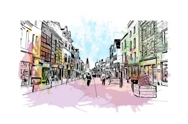 Gloucester 'ın simgesi olan Print Building Manzarası İngiltere' de bir şehirdir. Vektörde elle çizilmiş resim ile suluboya sıçraması.