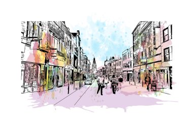Gloucester 'ın simgesi olan Print Building Manzarası İngiltere' de bir şehirdir. Vektörde elle çizilmiş resim ile suluboya sıçraması.
