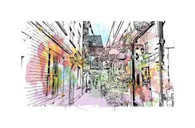 Gloucester 'ın simgesi olan Print Building Manzarası İngiltere' de bir şehirdir. Vektörde elle çizilmiş resim ile suluboya sıçraması.