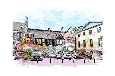 Gloucester 'ın simgesi olan Print Building Manzarası İngiltere' de bir şehirdir. Vektörde elle çizilmiş resim ile suluboya sıçraması.