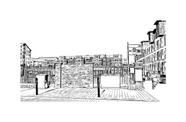 Gloucester 'ın simgesi olan Print Building Manzarası İngiltere' de bir şehirdir. Vektörde elle çizilmiş çizim çizimi.