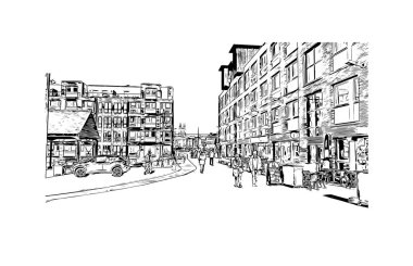 Gloucester 'ın simgesi olan Print Building Manzarası İngiltere' de bir şehirdir. Vektörde elle çizilmiş çizim çizimi.