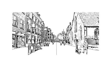 Gloucester 'ın simgesi olan Print Building Manzarası İngiltere' de bir şehirdir. Vektörde elle çizilmiş çizim çizimi.