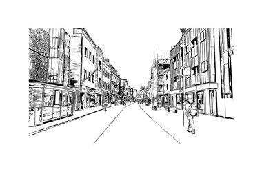 Gloucester 'ın simgesi olan Print Building Manzarası İngiltere' de bir şehirdir. Vektörde elle çizilmiş çizim çizimi.