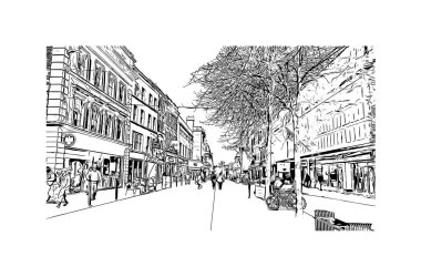 Gloucester 'ın simgesi olan Print Building Manzarası İngiltere' de bir şehirdir. Vektörde elle çizilmiş çizim çizimi.