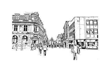 Gloucester 'ın simgesi olan Print Building Manzarası İngiltere' de bir şehirdir. Vektörde elle çizilmiş çizim çizimi.