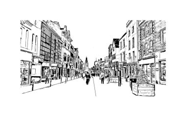 Gloucester 'ın simgesi olan Print Building Manzarası İngiltere' de bir şehirdir. Vektörde elle çizilmiş çizim çizimi.