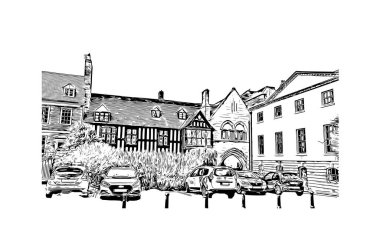 Gloucester 'ın simgesi olan Print Building Manzarası İngiltere' de bir şehirdir. Vektörde elle çizilmiş çizim çizimi.