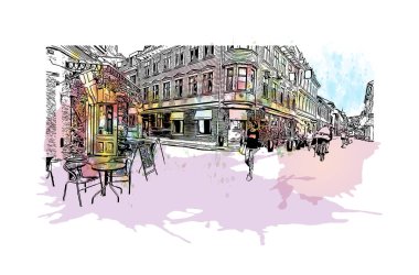 Print Building view with landmark of Gothenburg, İsveç 'in en büyük şehridir. Vektörde elle çizilmiş resim ile suluboya sıçraması.