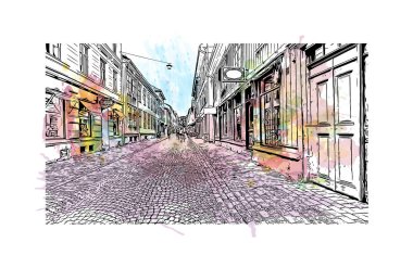 Print Building view with landmark of Gothenburg, İsveç 'in en büyük şehridir. Vektörde elle çizilmiş resim ile suluboya sıçraması.