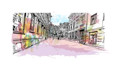 Print Building view with landmark of Gothenburg, İsveç 'in en büyük şehridir. Vektörde elle çizilmiş resim ile suluboya sıçraması.