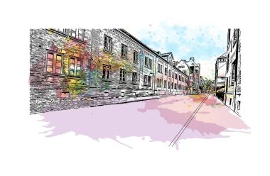 Print Building view with landmark of Gothenburg, İsveç 'in en büyük şehridir. Vektörde elle çizilmiş resim ile suluboya sıçraması.