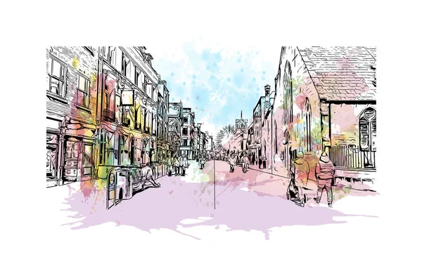 印刷グロスターのランドマークとビルの景色はイギリスの街です 手描きのスケッチイラストと水彩スプラッシュベクトル — ストックベクタ