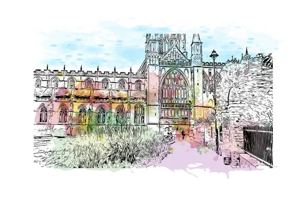 Vytisknout Pohled Budovu Orientačním Bodem Gloucesteru Město Anglii Akvarelové Stříknutí — Stockový vektor