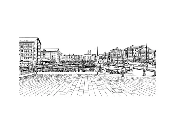 Print Building View Landmark Gloucester Staden England Handritad Skiss Illustration — Stock vektor