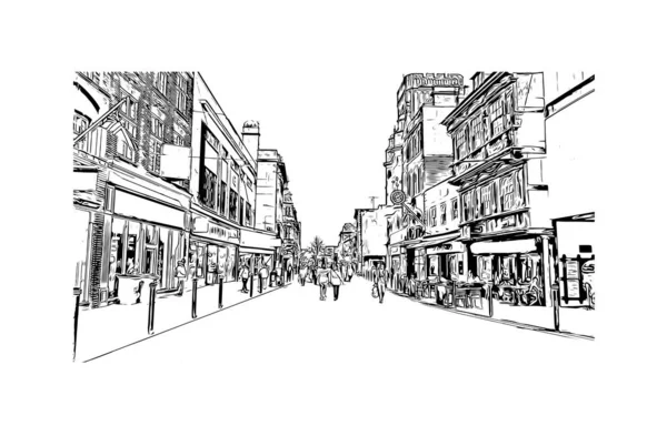 Print Building Vista Com Marco Gloucester Cidade Inglaterra Desenho Desenhado —  Vetores de Stock