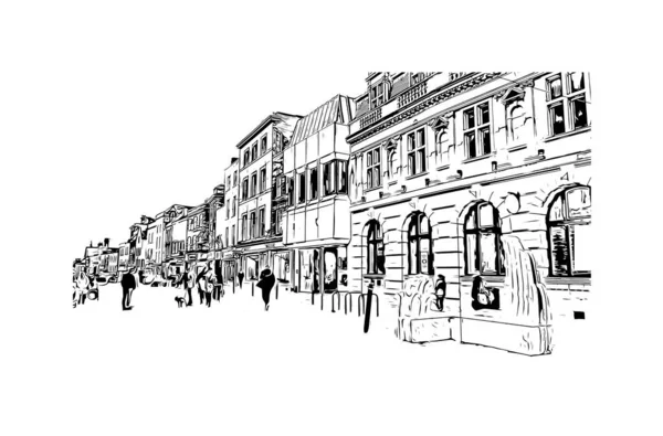 Print Building Vista Com Marco Gloucester Cidade Inglaterra Desenho Desenhado — Vetor de Stock
