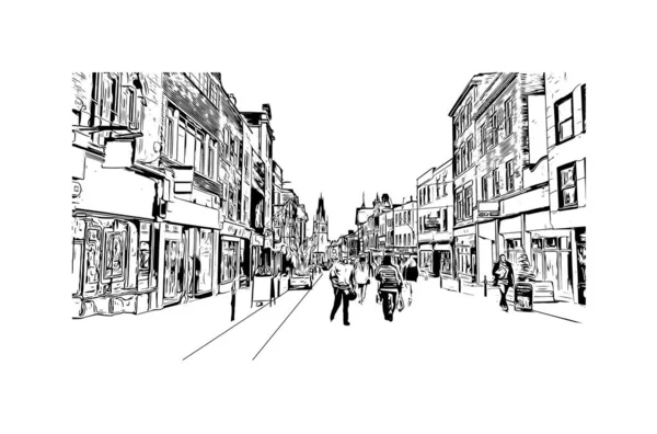 Print Building View Landmark Gloucester Staden England Handritad Skiss Illustration — Stock vektor