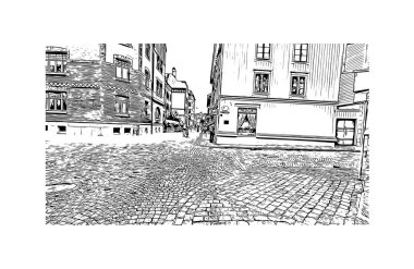 Print Building view with landmark of Gothenburg, İsveç 'in en büyük şehridir. Vektörde elle çizilmiş çizim çizimi.