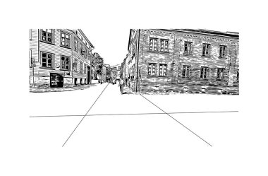 Print Building view with landmark of Gothenburg, İsveç 'in en büyük şehridir. Vektörde elle çizilmiş çizim çizimi.