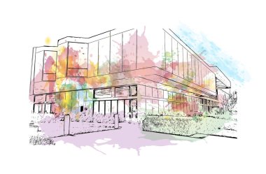 Glendale manzaralı Print Building, Kaliforniya 'da bir şehirdir. Vektörde elle çizilmiş resim ile suluboya sıçraması.