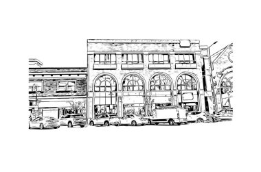 Glendale manzaralı Print Building, Kaliforniya 'da bir şehirdir. Vektörde elle çizilmiş çizim çizimi.
