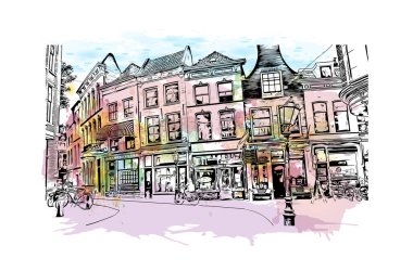 Gouda, Hollanda 'da yer alan bir şehirdir. Vektörde elle çizilmiş resim ile suluboya sıçraması.