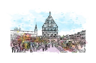 Gouda, Hollanda 'da yer alan bir şehirdir. Vektörde elle çizilmiş resim ile suluboya sıçraması.