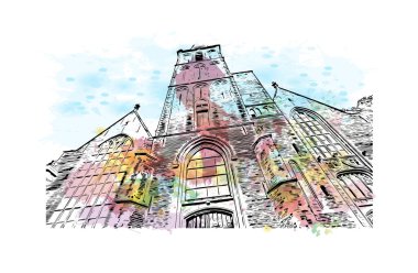 Gouda, Hollanda 'da yer alan bir şehirdir. Vektörde elle çizilmiş resim ile suluboya sıçraması.