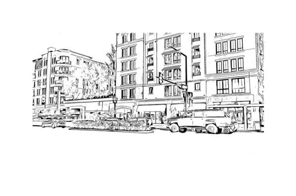 带有格伦代尔地标的印刷建筑景观是加州的一个城市 矢量手绘草图 — 图库矢量图片