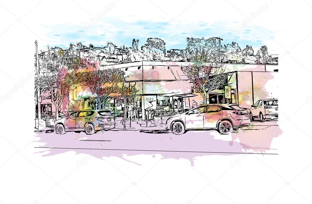 Print Building view with landmark of Glendale is the city in California. Watercolor splash with hand drawn sketch illustration in vector.