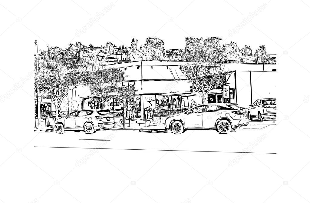 Print Building view with landmark of Glendale is the city in California. Hand drawn sketch illustration in vector.