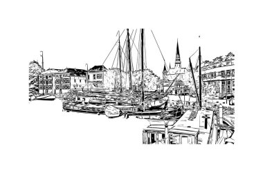 Gouda, Hollanda 'da yer alan bir şehirdir. Vektörde elle çizilmiş çizim çizimi.