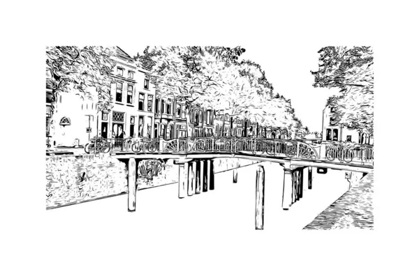 Vytisknout Pohled Budovu Orientačním Bodem Města Gouda Město Nizozemsku Ručně — Stockový vektor