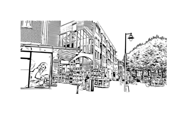 Print Building Vista Com Marco Gouda Cidade Holanda Desenho Desenhado — Vetor de Stock