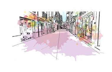 Print Building view with landmark of Granada Güney İspanya 'da bir şehirdir. Vektörde elle çizilmiş resim ile suluboya sıçraması.